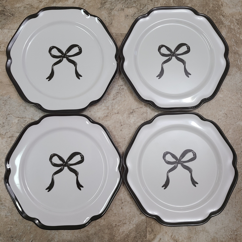 Shabby Chic Est. 1989 Elegant White Plates With Black Bow And Trim Design
